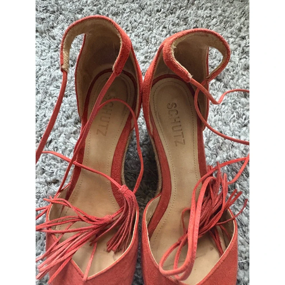 Schutz Red Suede Lace‎ Up Tassel Espadrille Wedges Size 38 EUR